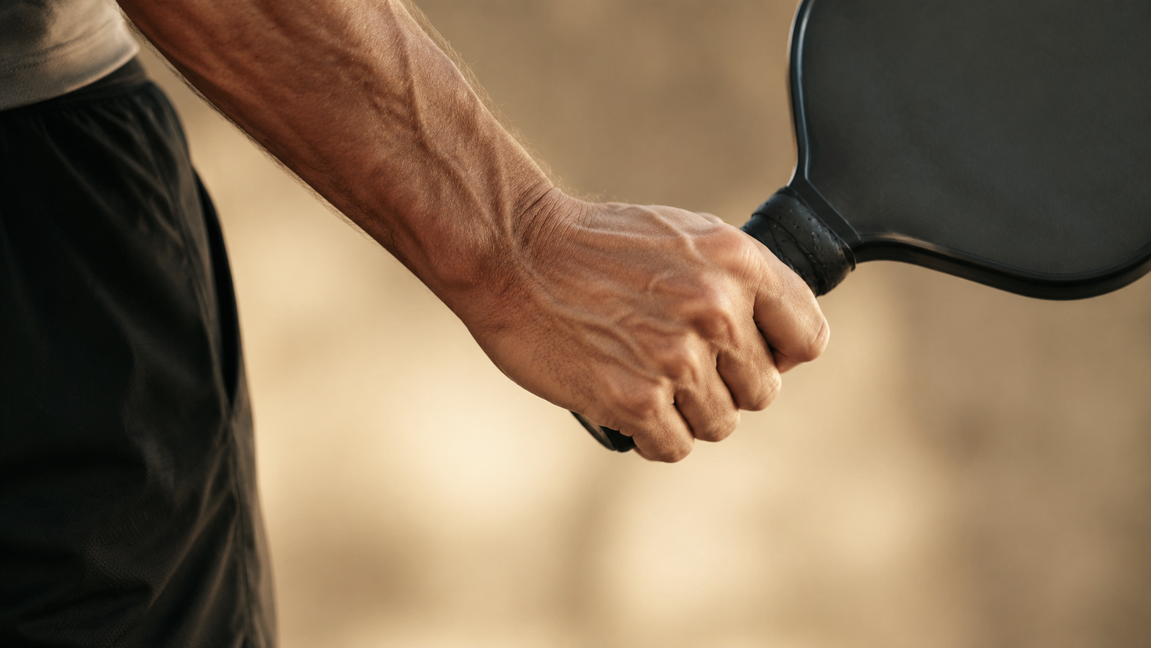 A player's hand and forearm gripping a paddle handle