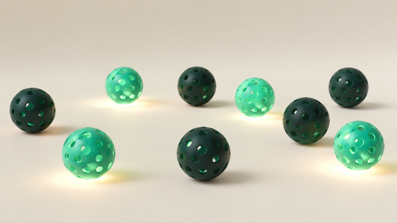 Pickleballs scattered on a surface, several glowing for night play