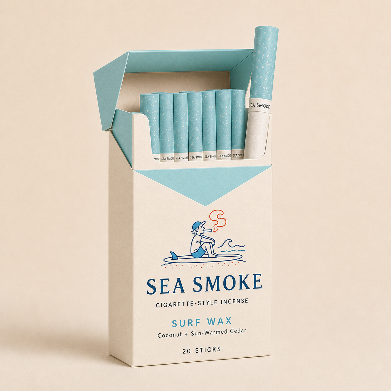 Sea Smoke Surf Wax pack open showing aqua-tipped incense sticks