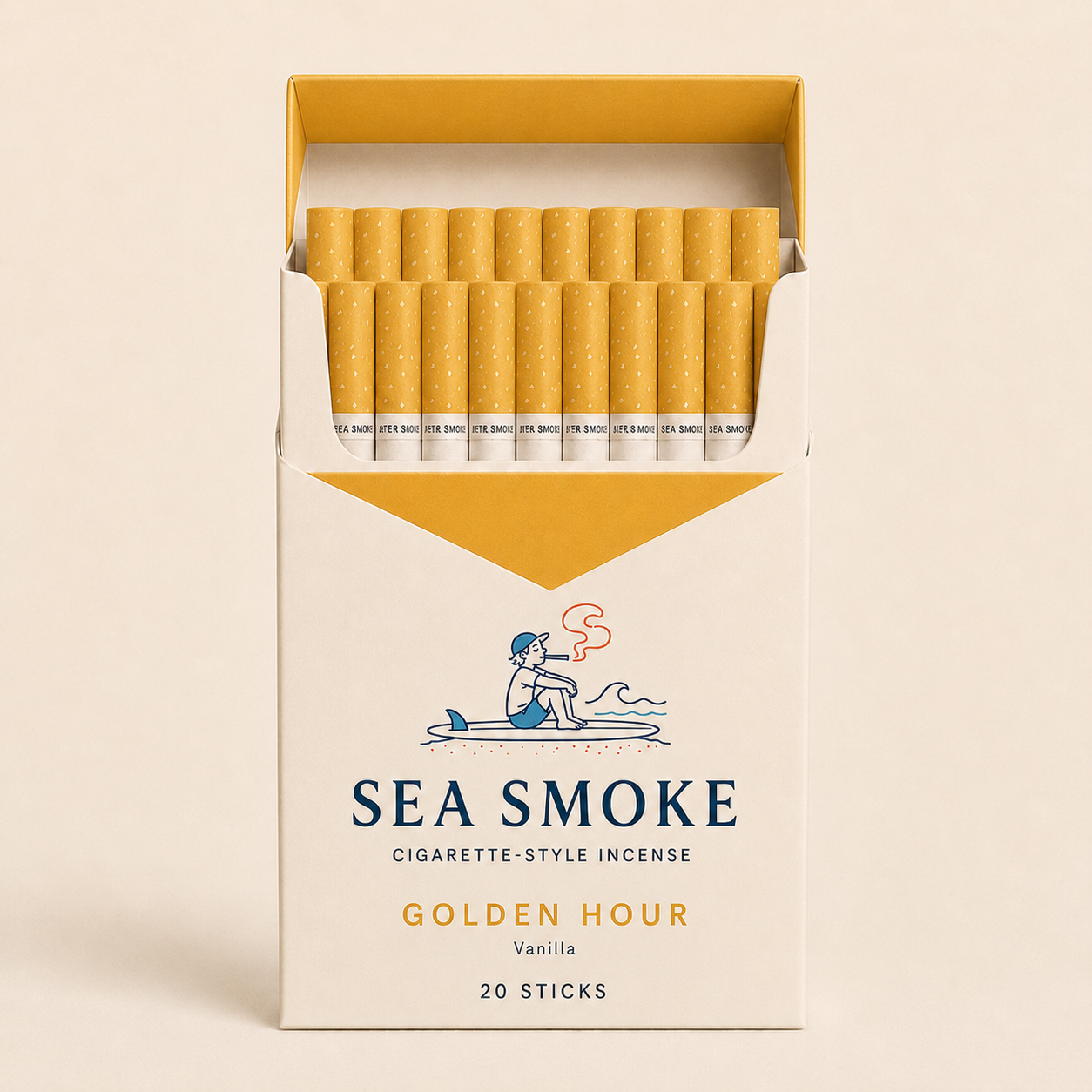 Sea Smoke Golden Hour pack open showing gold-tipped incense sticks