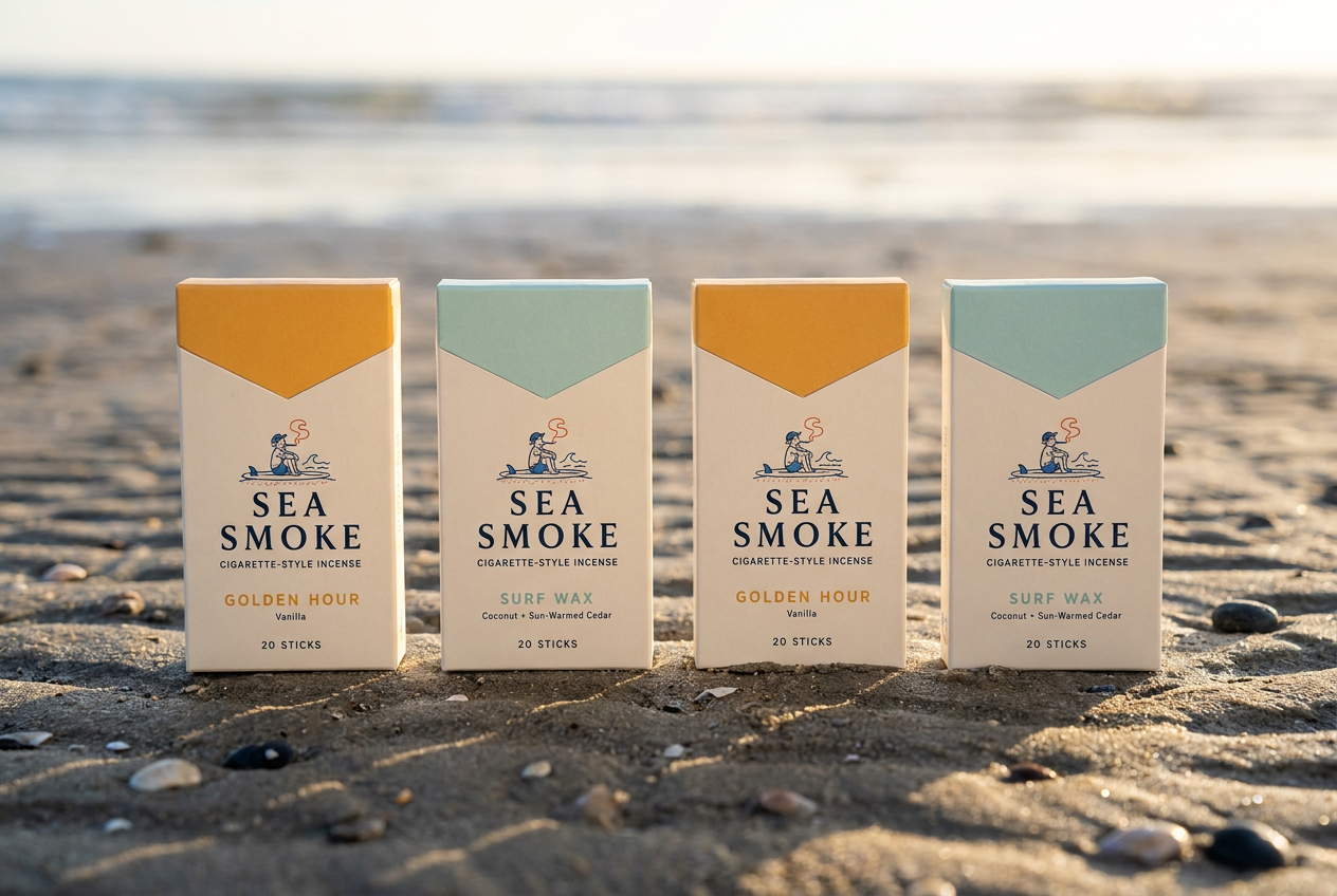 Four Sea Smoke packs standing in a row on the sand, two Golden Hour and two Surf Wax
