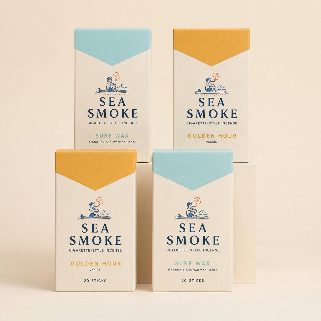 Four Sea Smoke packs on a cream studio backdrop — two Golden Hour, two Surf Wax